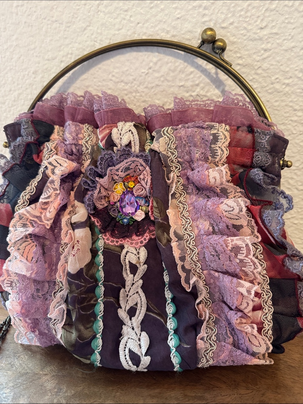 Victorian-Inspired Ruffled Lace Handbag in Lavender & Plum